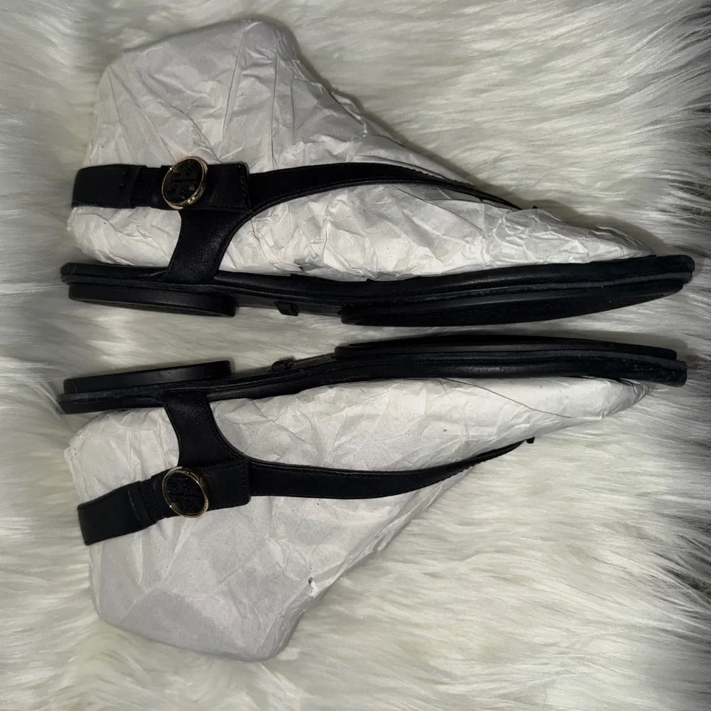 Tory Burch Veg Leather Black Minnie Travel Sandals Flats Womens Shoes 8M